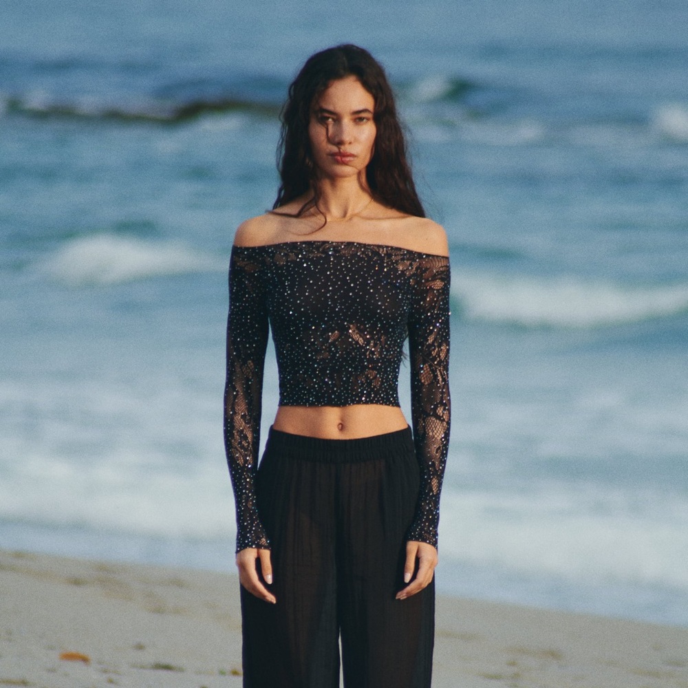 Zara seamless rhinestone mesh top in black (size XS-S)